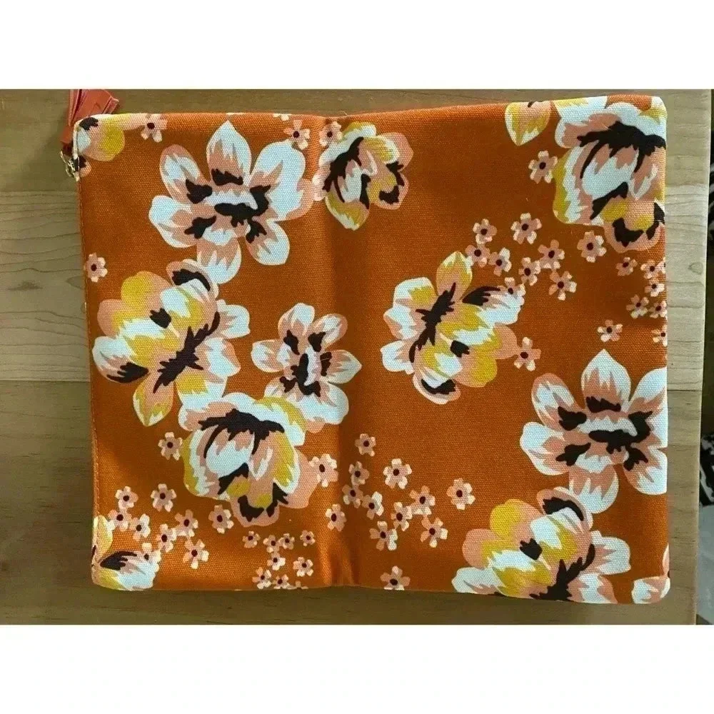 RACHEL PALLY REVERSIBLE Orange Yellow Canvas & Leather Floral Print CLUTCH